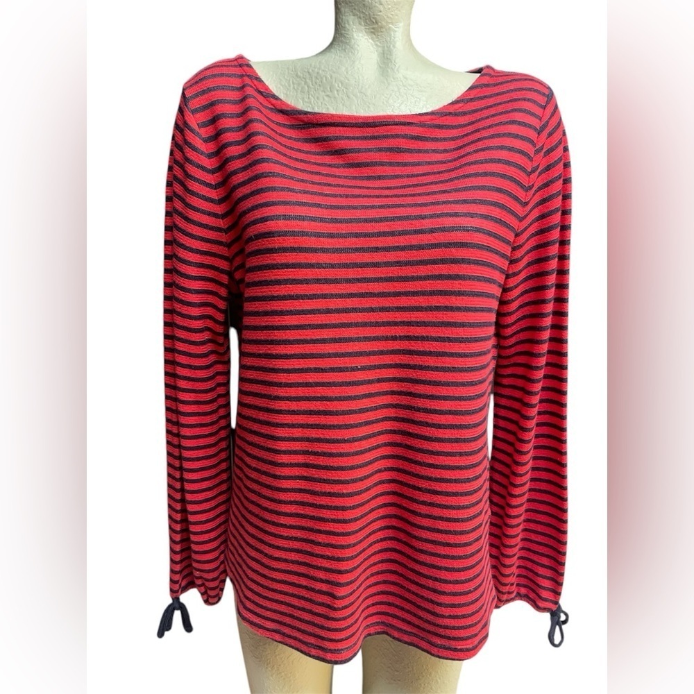 Talbots red & blue striped pullover long sleeve top w/ tie at sleeve, size L